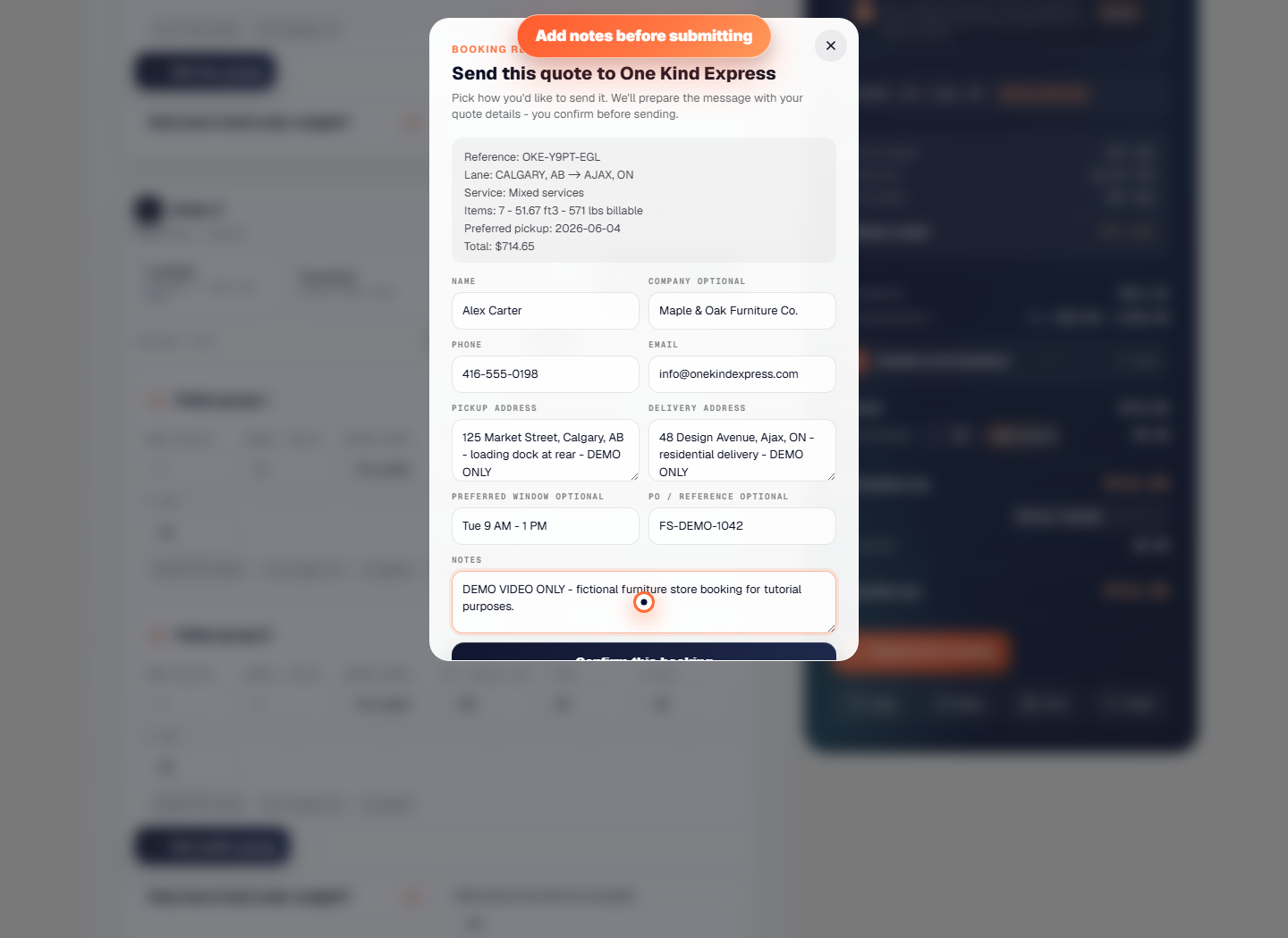 Booking request form example